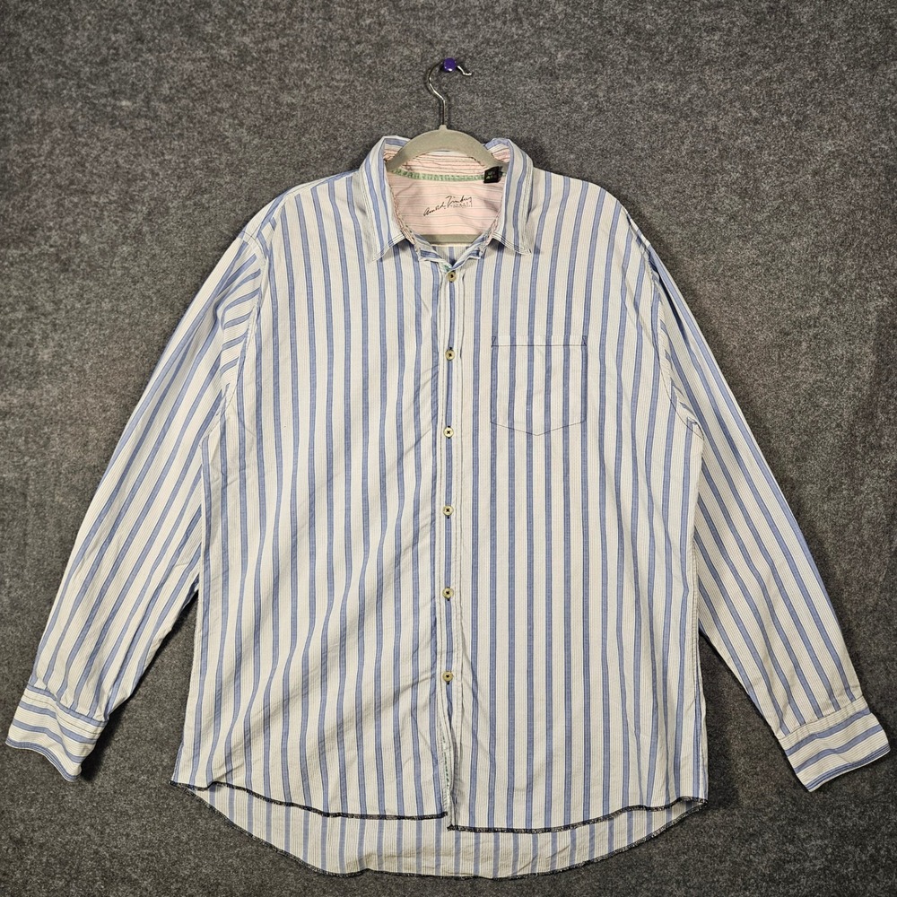 Arnold Zimberg Mens Blue Striped Button Down Shirt Cotton Quiet Luxury Sz XL